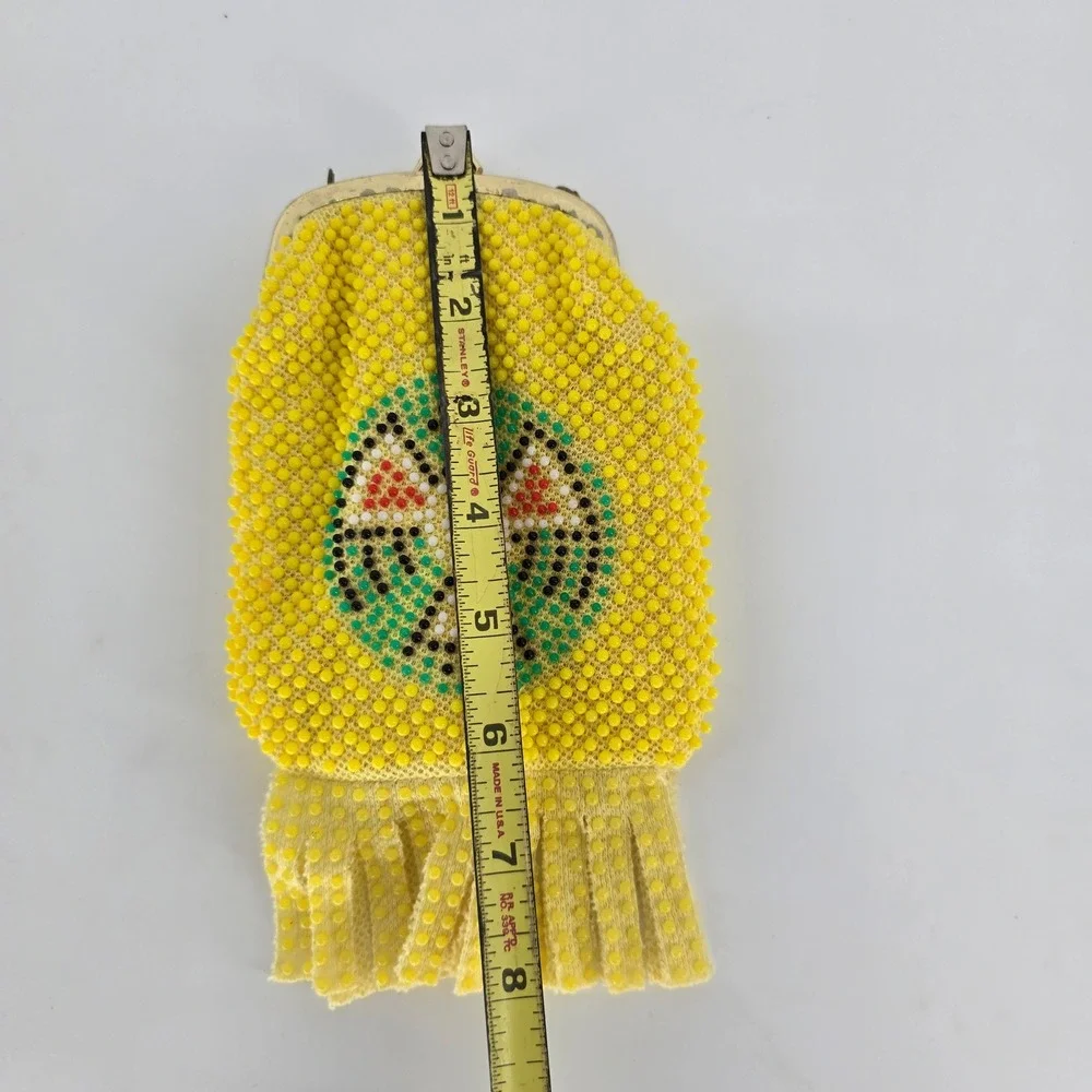 Vintage Thunderbird Indy 500 Beaded Souvenir Purse Yellow Fringe Kiss Lock